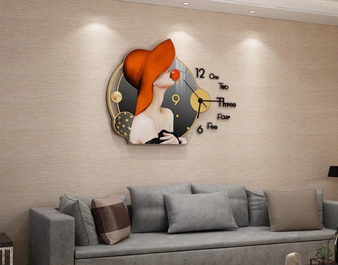 Modern Girl in Orange Hat Silent Wall Clock