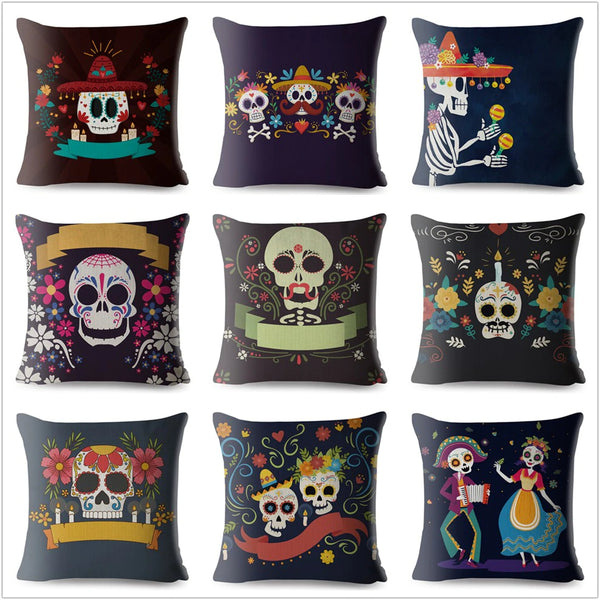 Mexican Halloween Skull Print Cushion Cover
