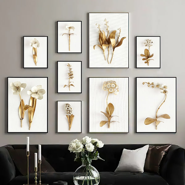Golden Leaves and Flowers Wall Art Canvas