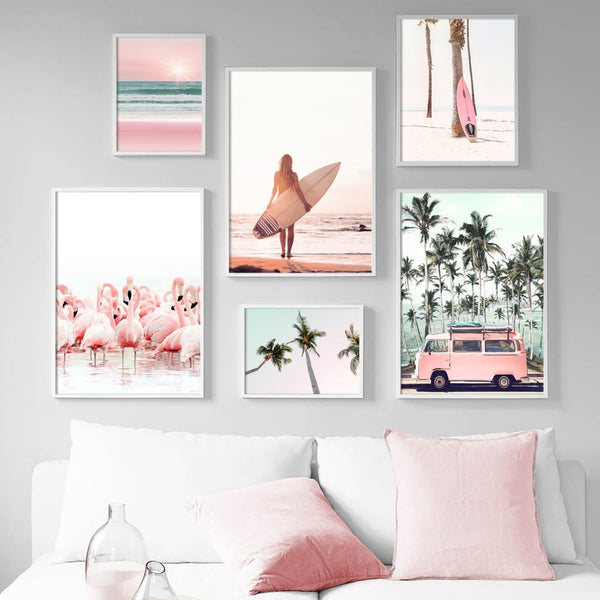 Pink Beach Flamingo Art Canvas Painting