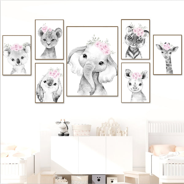 Nursery Gray Pink Animals Wall Canvas